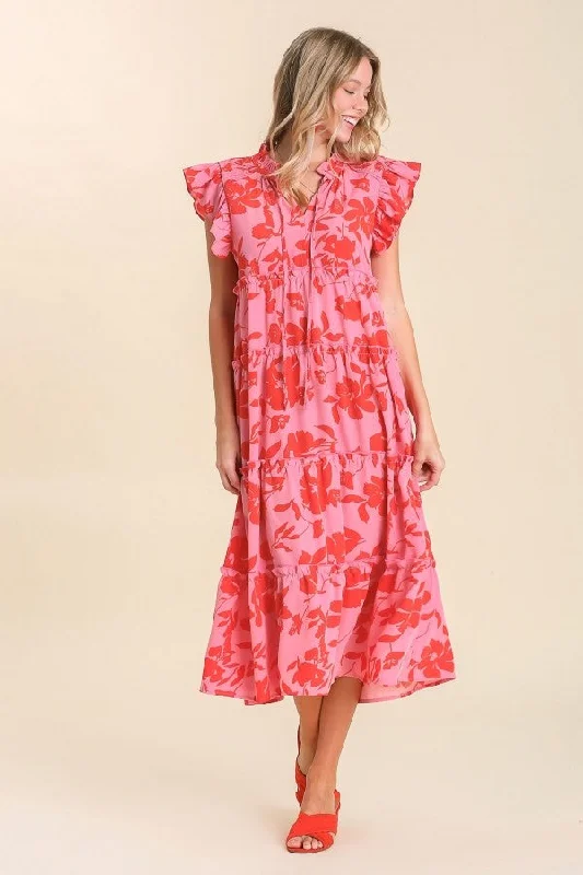 Umgee Split Neck Graphic Floral Print Tiered Maxi Dress in Rose Mix Cozy Cold-Shoulder Maxi Dress