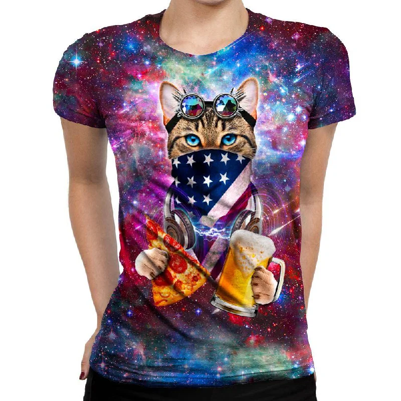 USA Rave Cat Womens T-Shirt Zippered Front Buttoned Front Snap Front