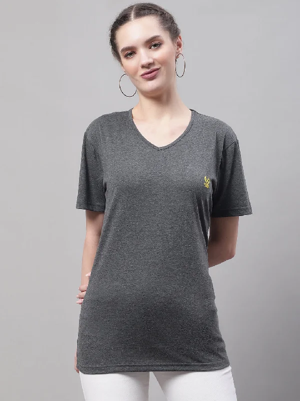 Vimal Jonney V Neck Cotton Solid Grey T-Shirt for Women Front Pockets Side Pockets Patch Pockets