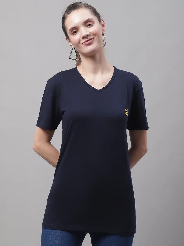 Vimal Jonney V Neck Cotton Solid Navy Blue T-Shirt for Women Elasticated Padded Insulated