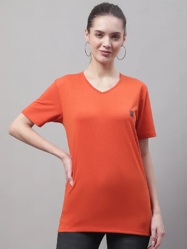 Vimal Jonney V Neck Cotton Solid Rust T-Shirt for Women Welt Pockets Slit Pockets