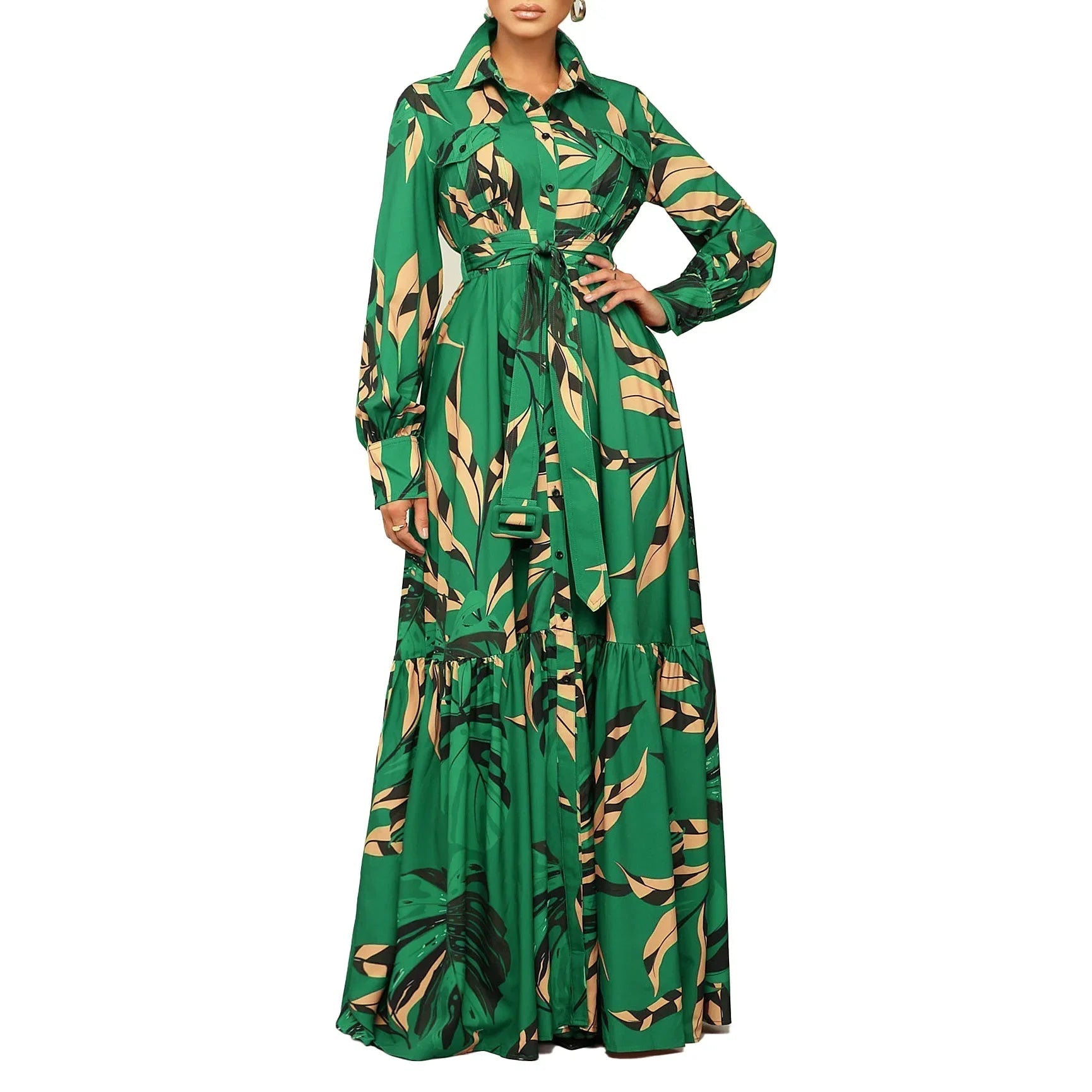 Vibrant Dashiki African Maxi Dress: Red Green Polyester Spring Long Sleeve V-neck Print Elegant Wraparound Maxi Dress