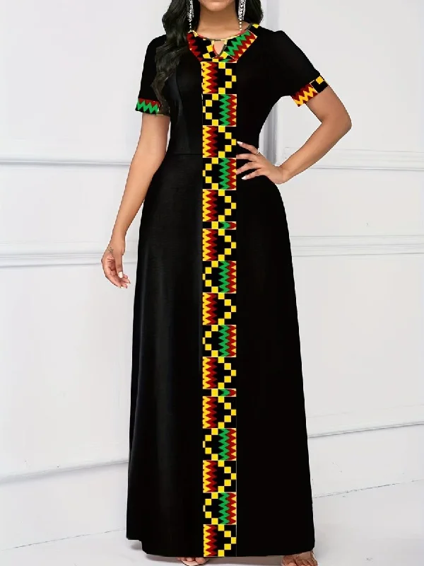 Vibrant Ethnic Print Maxi Dress - Chic Keyhole Detail, Relaxed Crew Neck, Short Sleeves, Flowy Floor-Sweeping Style Trendy V-Neck Maxi Dress