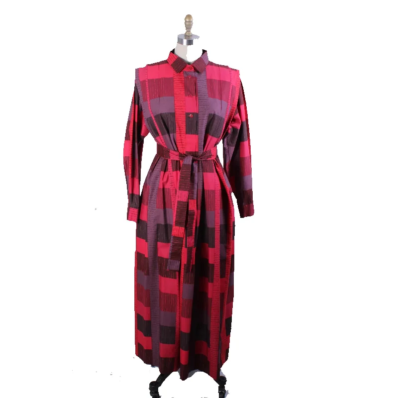 Vintage Marimekko 1980s Cotton Plaid Shirt Tent Maxi Dress Red & Purple  40/12 M/L Fashionable Sleeveless Maxi Dress