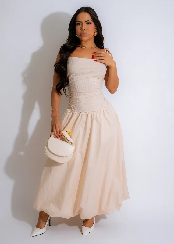 Whispering Drapes Ruched Ribbed Maxi Dress Nude Trendy A-Line Maxi Dress