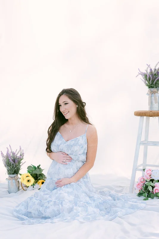 White & Blue Floral Tiered Maxi Dress Elegant Pleated Maxi Dress