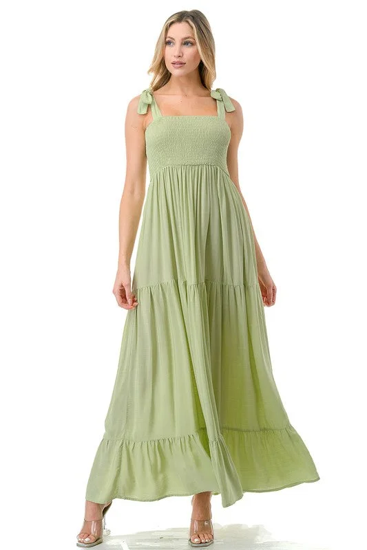 Women Smocked Top with Tiered Bottom Maxi Dress *Online Only* Stylish V-Neck Maxi Dress