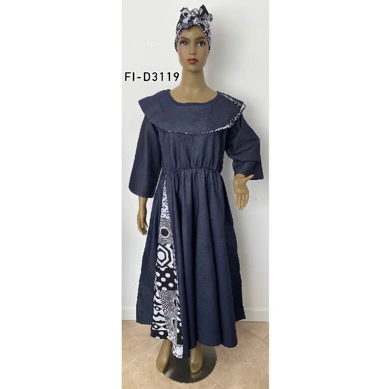 Women's Denim Printed Long Sleeve Maxi Dress - FI-D3119 Fashionable Faux Wrap Maxi Dress