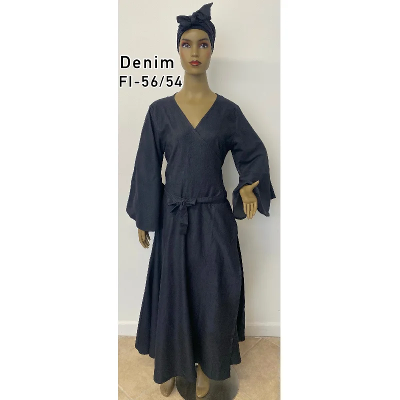 Women's Long Sleeve Denim Wrap Maxi Dress - FI-56/54 SOLID DENIM Cozy Knitted Maxi Dress