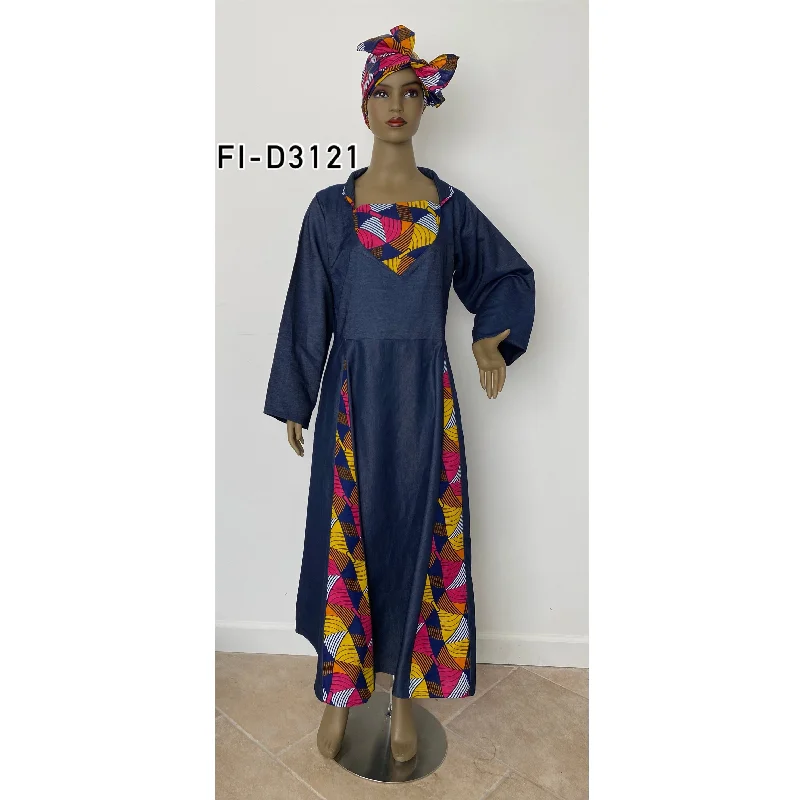 Women's Denim Long Sleeve Maxi Dress with Print - FI-D3121 Elegant Lace Maxi Dress