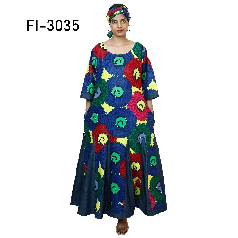 Women's Printed and Denim Long Sleeve Maxi Dress -- FI-3035 Comfortable Plunging Neckline Maxi Dress