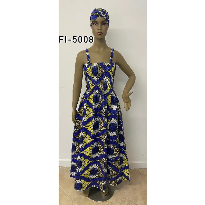 Women's Sleeveless Printed Maxi Dress with Smocking - FI-5008 Comfortable Maxi Dress with Belt