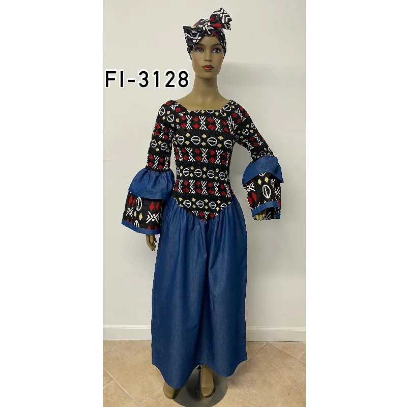 Women's Smocking Printed Denim Maxi Dress With Border - FI-3128 Chic Off-Shoulder Maxi Dress