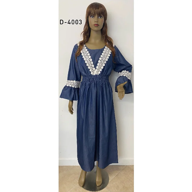 Women's White Embroidered Denim Maxi Dress - D-4003 Denim Fashionable Button-Down Maxi Dress