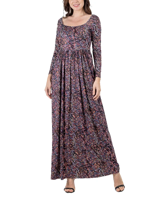 Women's Floral Long Sleeve Pleated Maxi Dress Elegant Velvet Maxi Dress