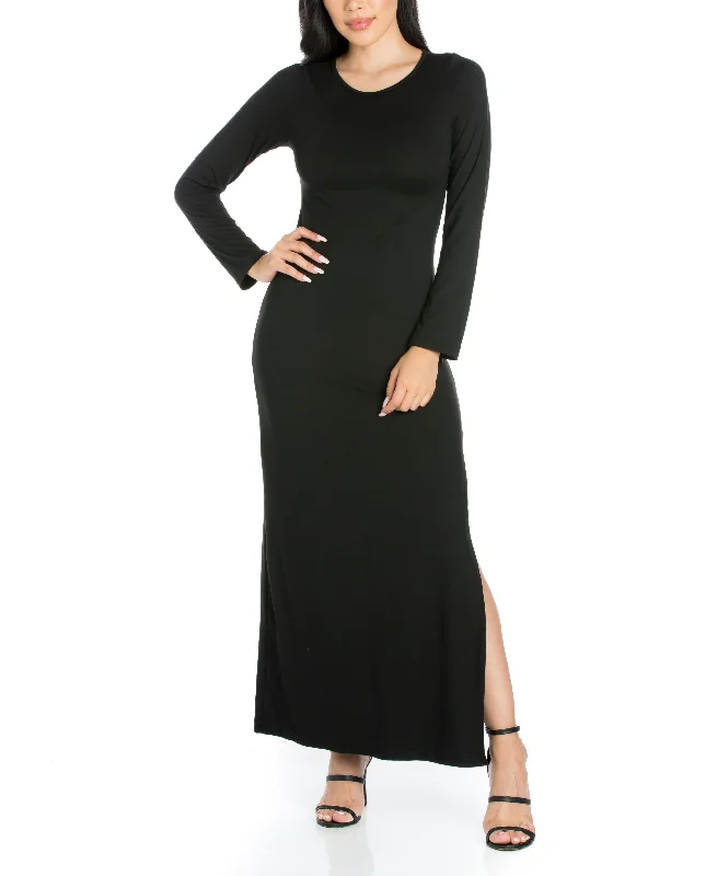 Womens Long Sleeve Side Slit Fitted Maxi Dress Fashionable High-Waist Maxi Dress