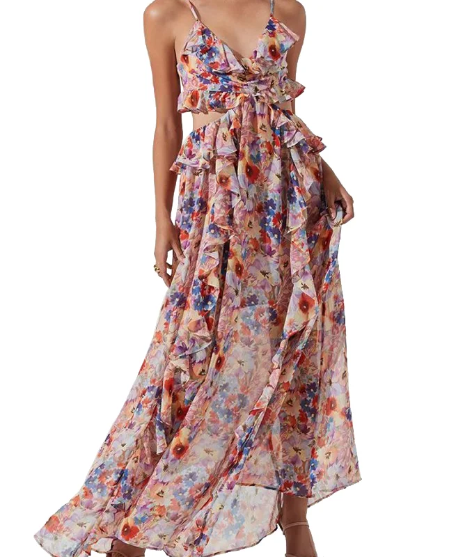 Women's Palace Floral-Print Ruffled Maxi Dress Comfortable Pleated Maxi Dress