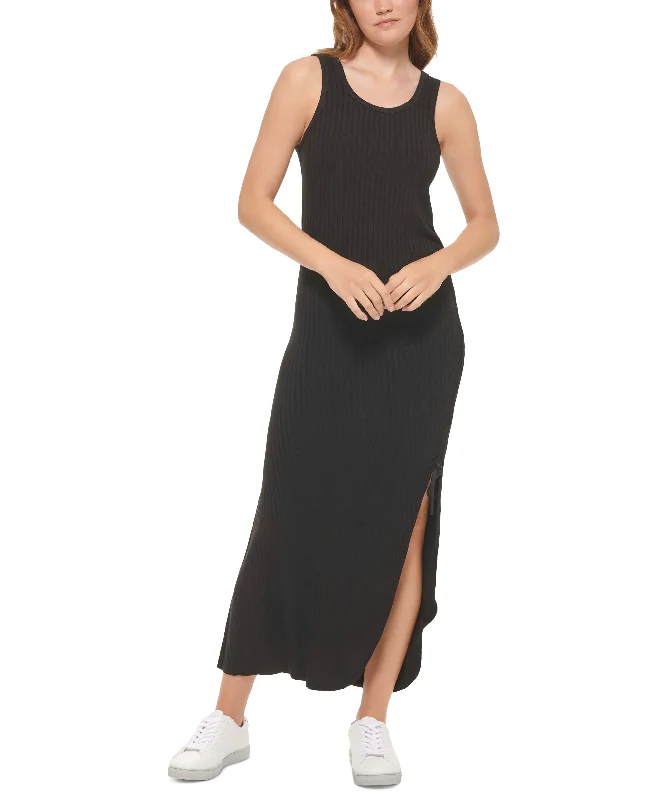 Women's Side-Slit Ribbed Maxi Dress Comfortable Ruffle Maxi Dress