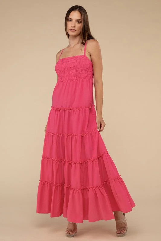 Woven Smocked Top Tiered Cami Maxi Dress *Online Only* Elegant Pleated Maxi Dress