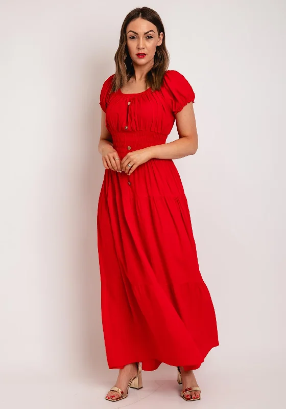 Serafina Collection One Size Shirred Waist Maxi Dress, Red Comfortable Satin Maxi Dress