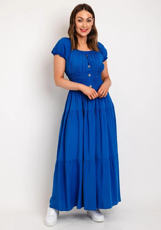 Serafina Collection One Size Shirred Waist Maxi Dress, Royal Blue Trendy V-Neck Maxi Dress