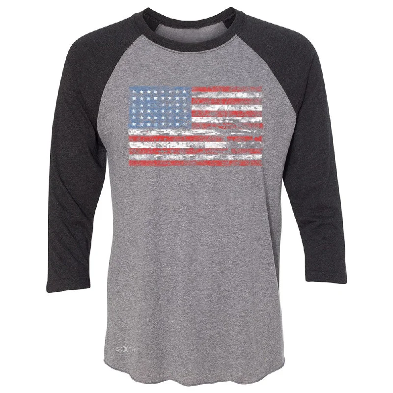 Zexpa Apparelâ„¢ Distressed Atilt American Flag USAÂ  3/4 Sleevee Raglan Tee Patriotic Tee Anti-Shrink Durable Soft