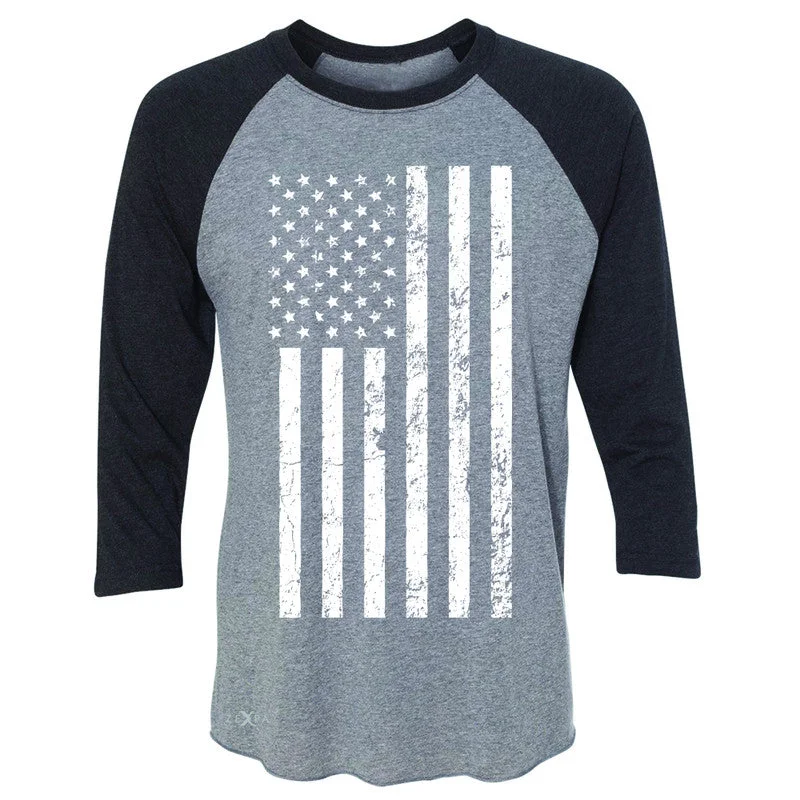 Zexpa Apparel™ Distressed White American Flag 3/4 Sleevee Raglan Tee Patriotic July,4 Tee Chenille Brocade Lace