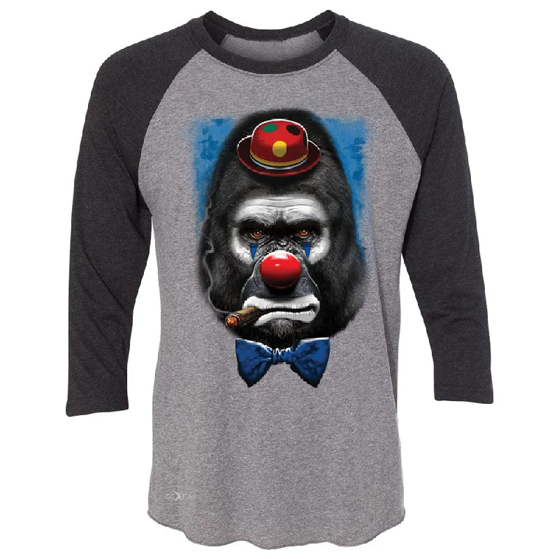 Zexpa Apparelâ„¢ Gorilla Clown Sad Scary 3/4 Sleevee Raglan Tee Halloween Costume Event Tee Graphic Embroidered Appliqued