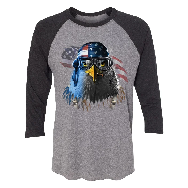 Zexpa Apparelâ„¢ Freeodom Fighther American Eagle 3/4 Raglan Tee Mesh Canvas Denim