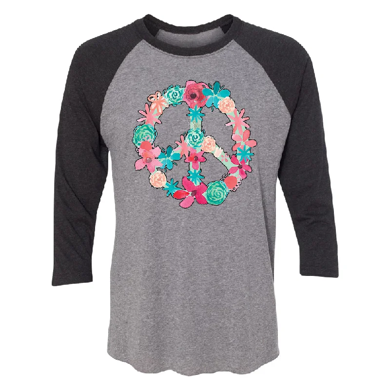 Zexpa Apparel™ Floral Peace Sign Garden Nature 3/4 Raglan Tee Print Jacquard Patchwork