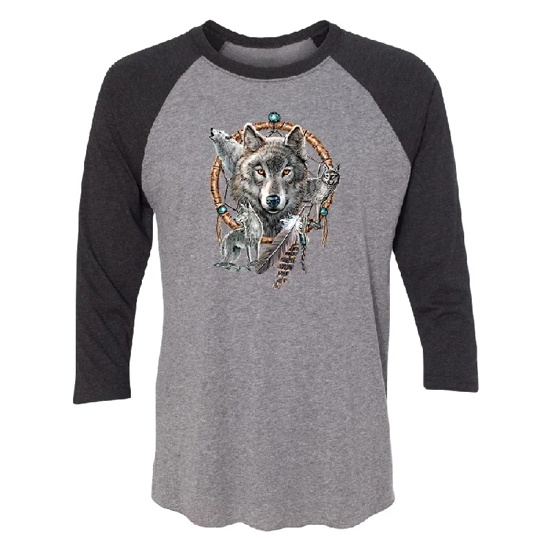 Zexpa Apparel™ Dreamcatcher Wovles Howling Tattoo 3/4 Raglan Tee Collared Crew Neck Turtle Neck