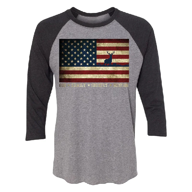 Zexpa Apparel™ God Family Country Hunting American Flag 3/4 Raglan Tee Denim Fabric Leather Fabric Suede Fabric