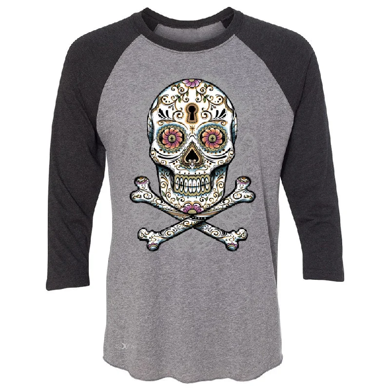 Zexpa Apparelâ„¢ Floral Skull 3/4 Sleevee Raglan Tee Dia de Muertos Sugar Day of The Dead Tee Striped Floral Plaid