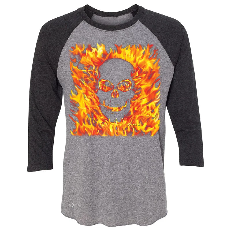 Zexpa Apparelâ„¢ Fire Skull 3/4 Sleevee Raglan Tee Dia de Muertos Ghost Rider Biker Cool Tee Cozy Warm Stylish