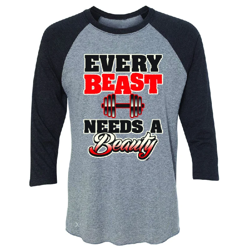 Zexpa Apparel™ Every Beast Needs A Beauty Valentines Day 3/4 Sleevee Raglan Tee Couple Tee Knit Fabric Woven Fabric Fleece Fabric