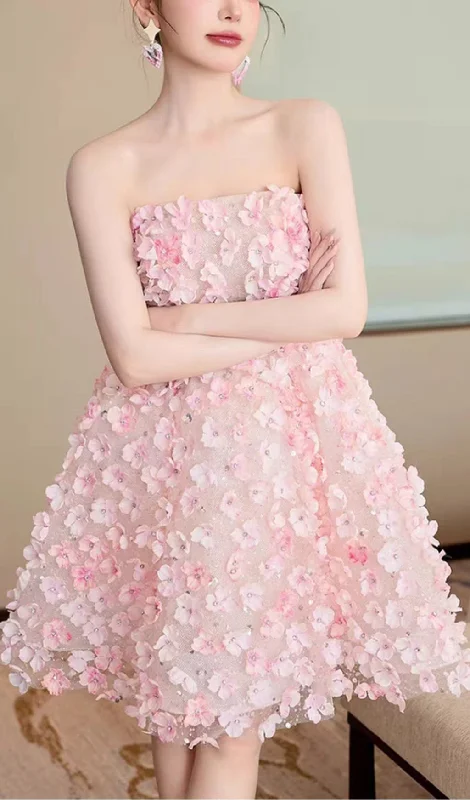 3D FLOWER BANDEAU MINI DRESS IN PINK Casual Button-Up Mini Dress