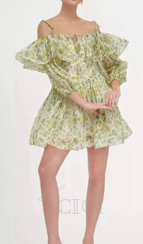 ANNA PRINTED RUFFLE TRIM MINI DRESS IN GREEN Elegant Silk Mini Dress