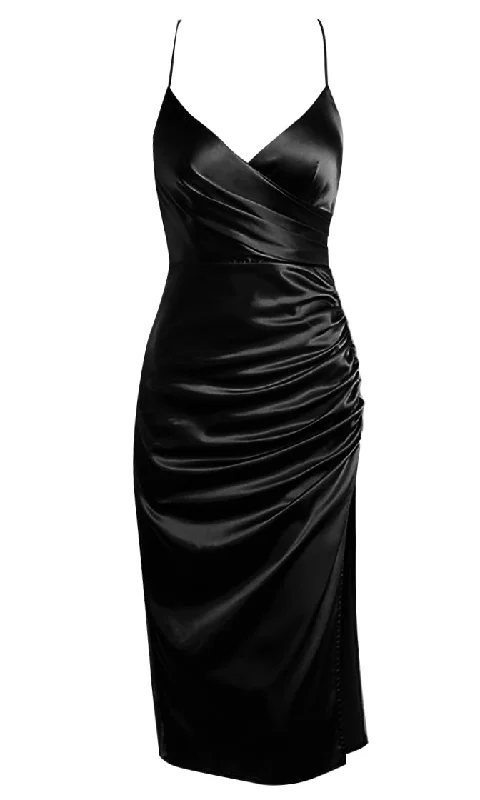 Best Bet Black Satin Sleeveless Spaghetti Strap Cross Wrap V Neck Side Slit Ruched Slip Midi Dress Classic Black Midi Dress