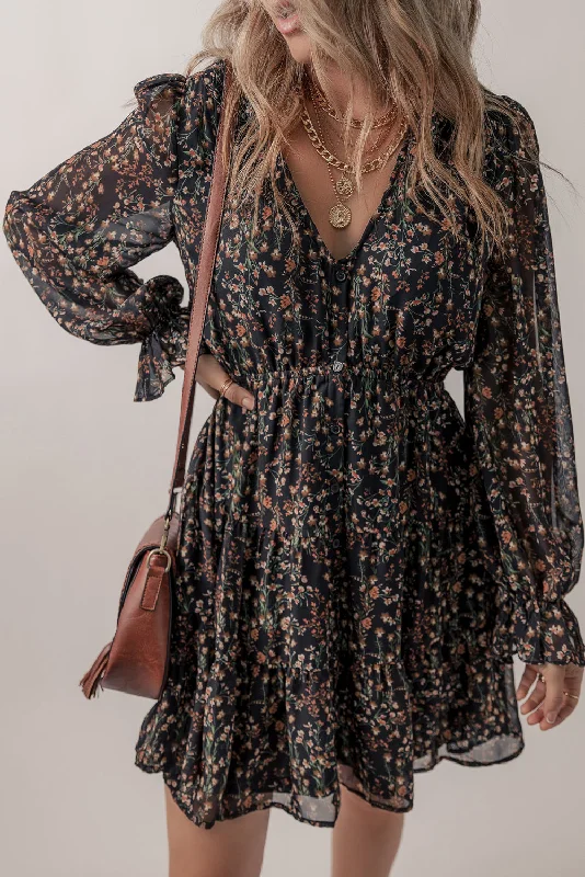 Black Floral Print V Neck Ruffled Puff Sleeve Mini Dress Trendy Tulle Mini Dress