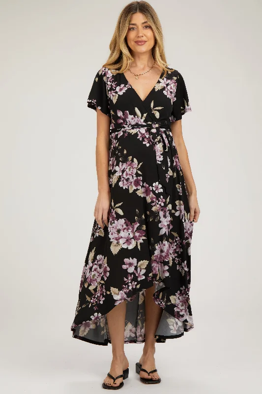 Black Floral Print Wrap Front V-Neck Hi-Low Maternity Midi Dress Trendy Smocked Detail Midi Dress