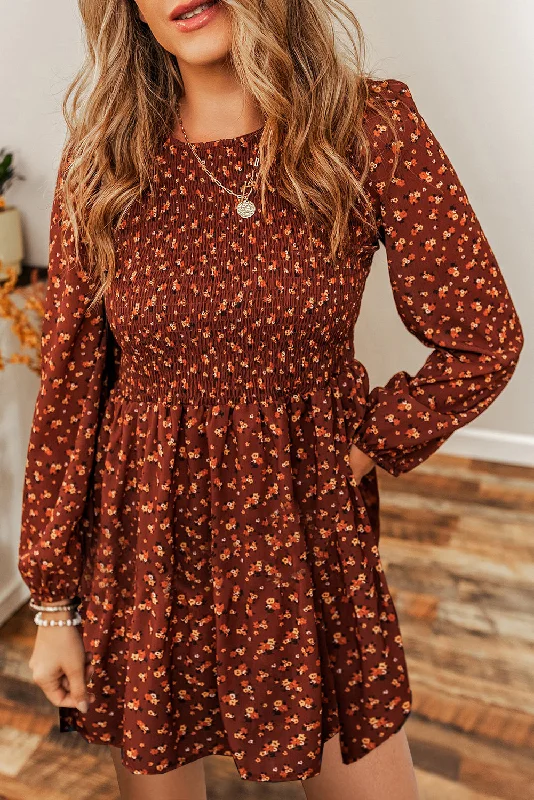 Brown Floral Smocked Bodice Mini Dress Cozy Jersey Mini Dress