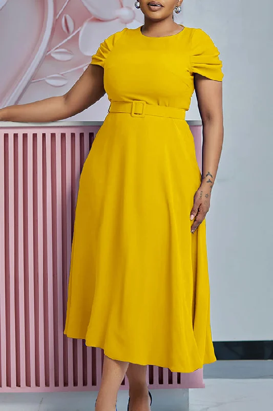 Elegant Ruched Sleeve Midi Dress Trendy Smocked Waist Midi Dress