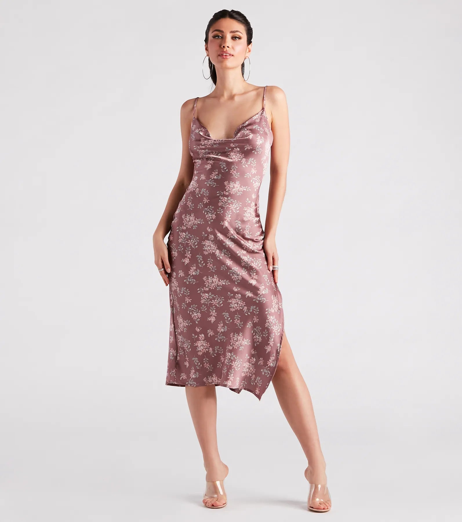 Dreamy In Floral Satin Midi Dress Trendy Smocked Waist Midi Dress