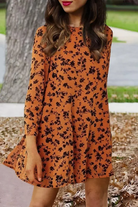 Floral Print O-neck Long Sleeve Mini Dress Stylish Sweetheart Neck Mini Dress
