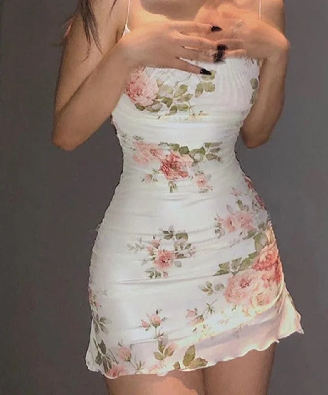 Floral Print Women Mesh Strap Mini Dress Ruched Bodycon Sexy Streetwear Party Club Elegant Vintage Summer Clothes Comfortable Smocked Mini Dress Floral Print Women Mesh Strap Mini Dress Ruched Bodycon Sexy Streetwear Party Club Elegant Vintage Summer Clothes Comfortable Smocked Mini Dress