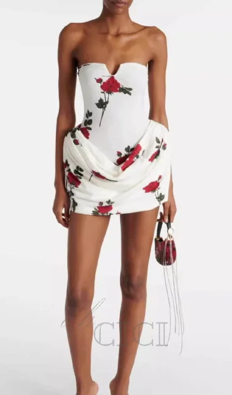 FLORAL-PRINTED PLEATED STRAPLESS MINI DRESS IN WHITE Chic Mini Dress with V-Neck