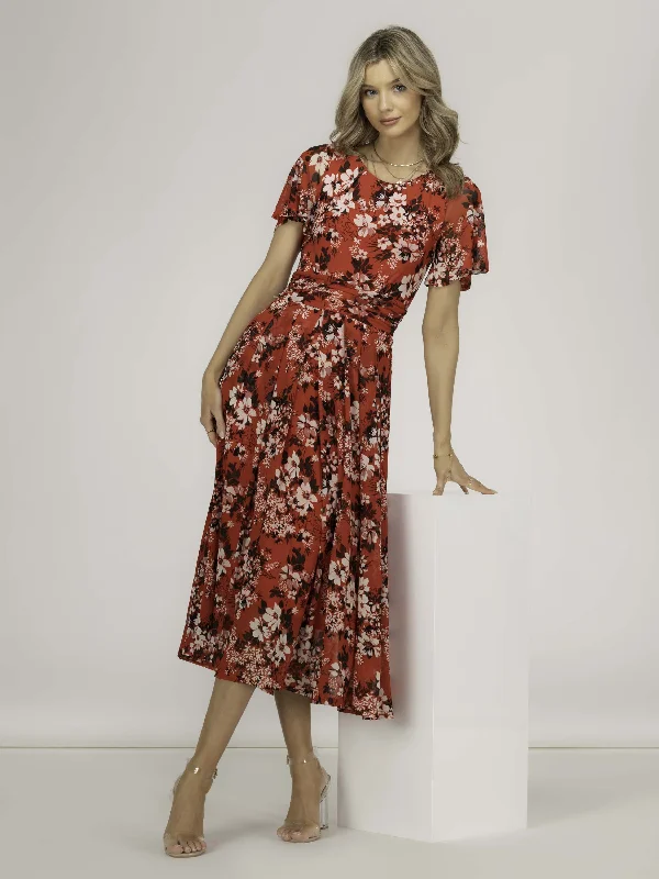 Giana Floral Midi Dress, Red Floral Trendy Ruffled Sleeve Midi Dress