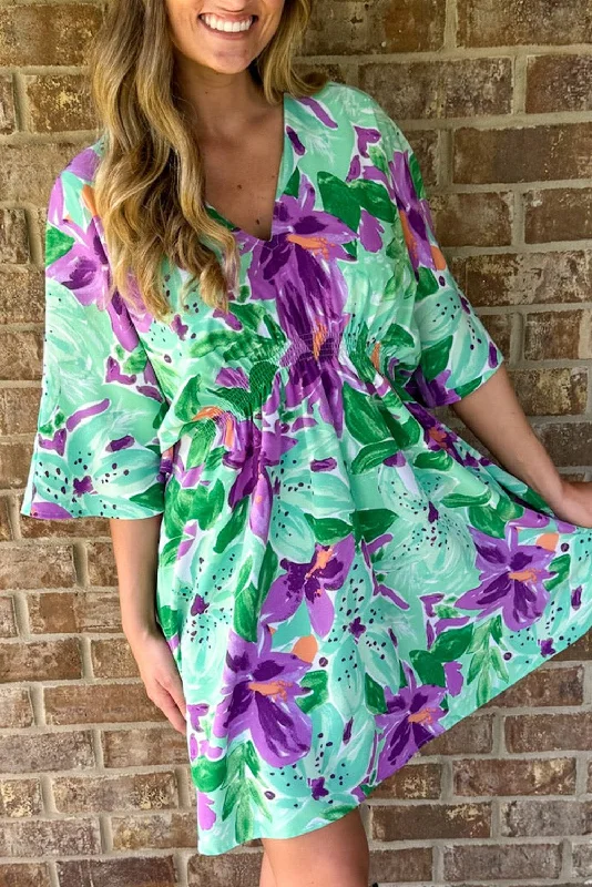 Green Boho Floral Half Sleeve V Neck Shirred Waist Mini Dress Comfortable Ruffle Mini Dress Green Boho Floral Half Sleeve V Neck Shirred Waist Mini Dress Comfortable Ruffle Mini Dress