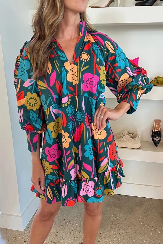 Green Floral Print Puff Sleeve Ruffled Mini Dress Trendy Off-Shoulder Dress Mini