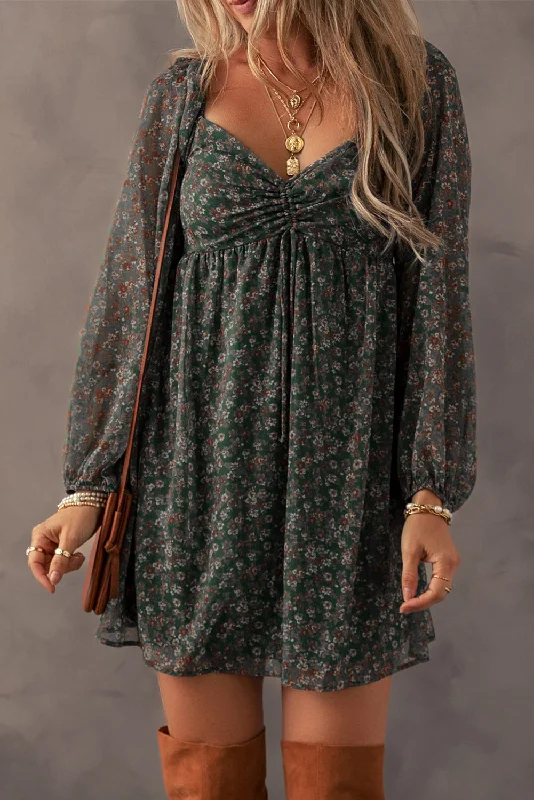Green Floral Print Sweetheart Neck Shirred Back Mini Dress Classic Floral Mini Dress Green Floral Print Sweetheart Neck Shirred Back Mini Dress Classic Floral Mini Dress